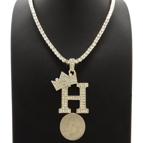 Initial Letter "H" Pendant Tennis Chain Necklace - Picture 1 of 10